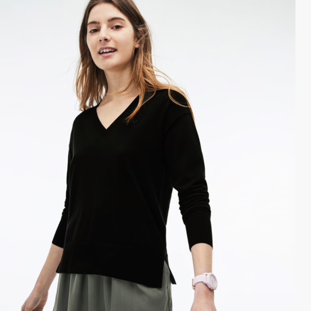 Lacoste Womens V Neck Striped Cotton Sweater